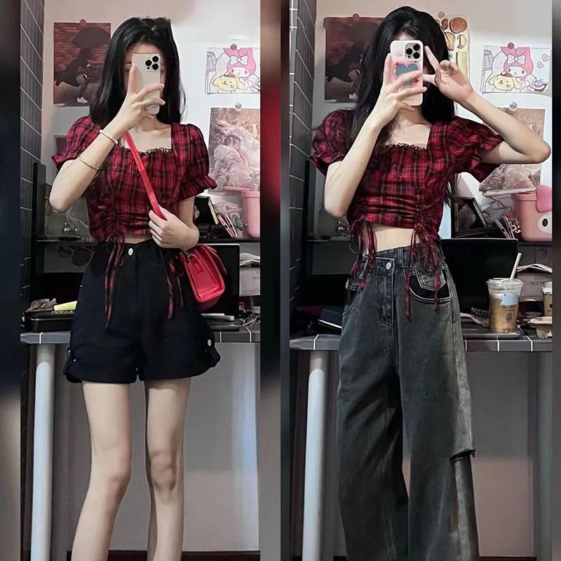 Áo Nữ Tay Ngắn Phồng Họa Tiết Caro Thời Trang