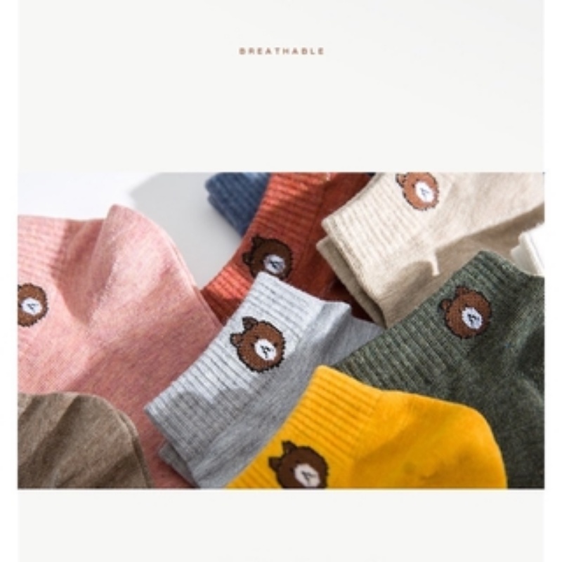 Vớ Cotton Cổ Thấp Thoáng Khí Màu Trơn Họa Tiết Gấu Dễ Thương Phong Cách Hàn Quốc Thời Trang