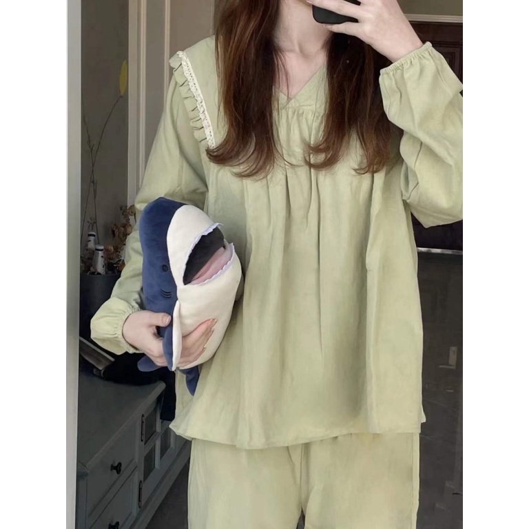 Bộ Đồ Ngủ Tay Dài Phối Ren Màu Trơn Phong Cách Nhật Bản Thời Trang Mùa Thu Hàng Mới 2023