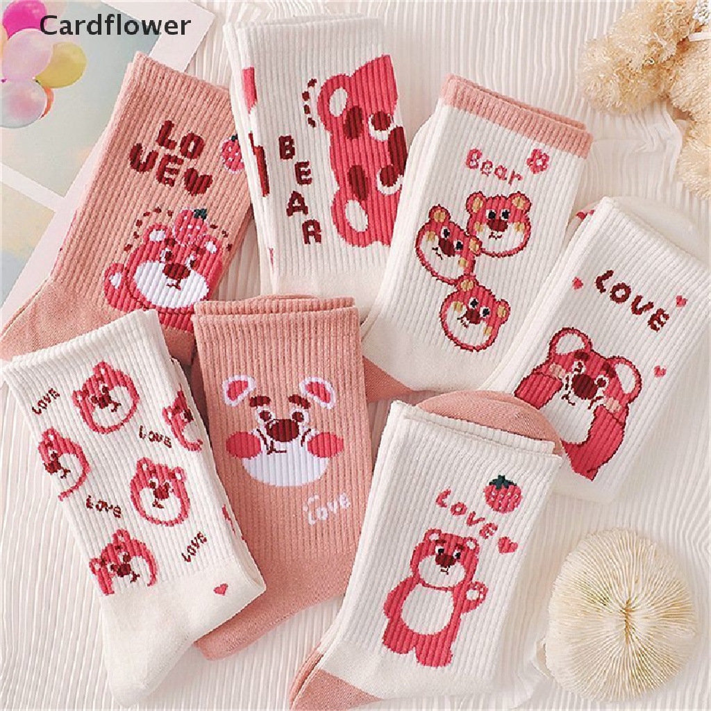 < Cardflower > Vớ Ống Lửng Họa Tiết Gấu Dâu Tây Hoạt Hình Phong Cách Hàn Quốc Dễ Thương Hợp Thời Trang