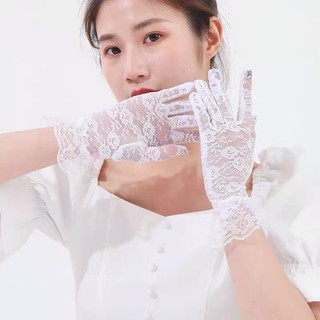 Găng tay ren trắng, găng tay lolita ngắn tay màu trắng họa tiết ren hoa, có sẵn hàng