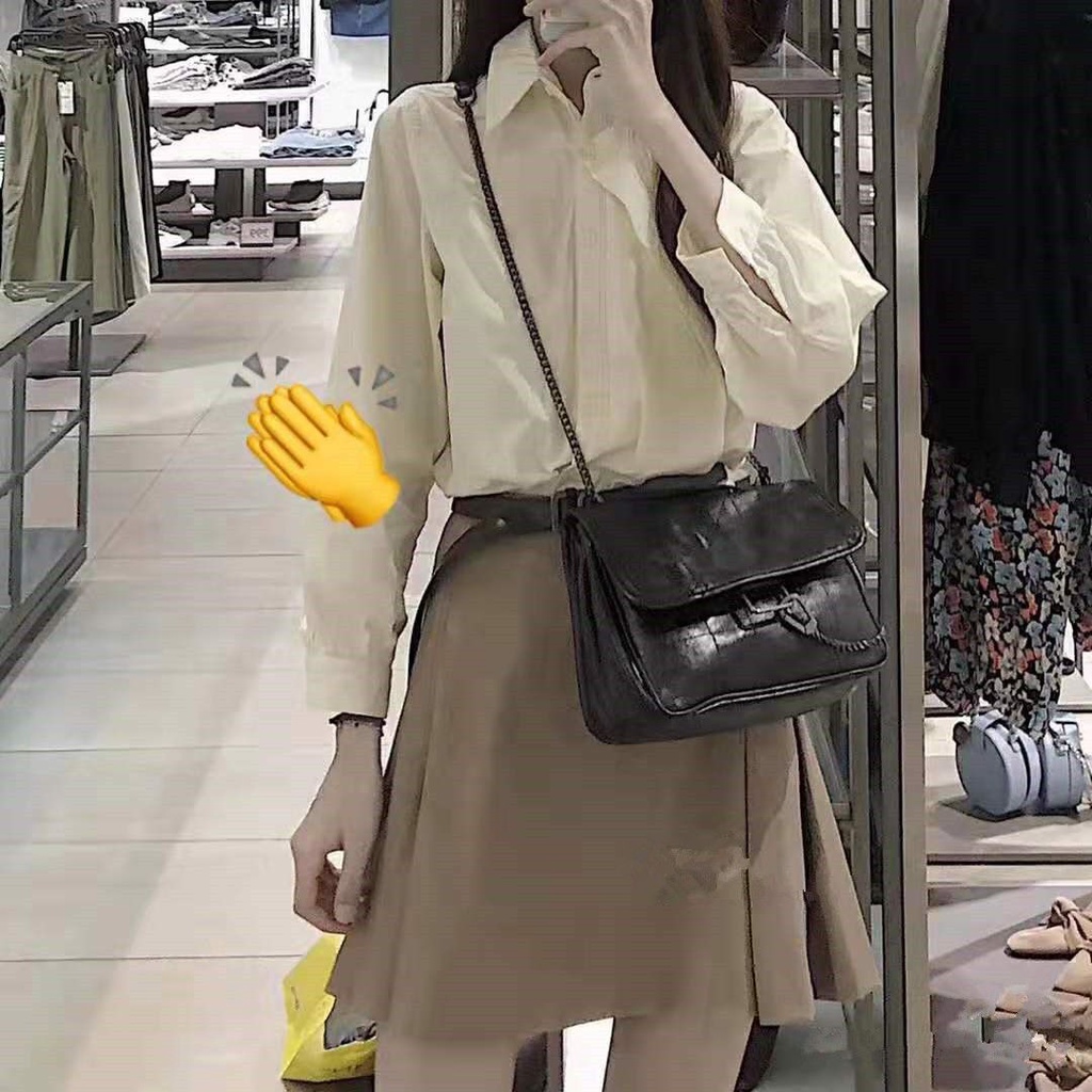 Túi Xách Đeo Vai Màu Đen Phối Dây Xích Phong Cách Cổ Điển Thời Trang Cho Nữ