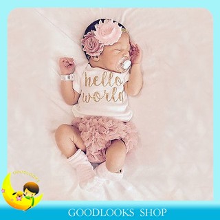 Bộ đồ hello world gồm áo liền quần phối quần ngắn và băng đô hoa thời trang dành cho trẻ em