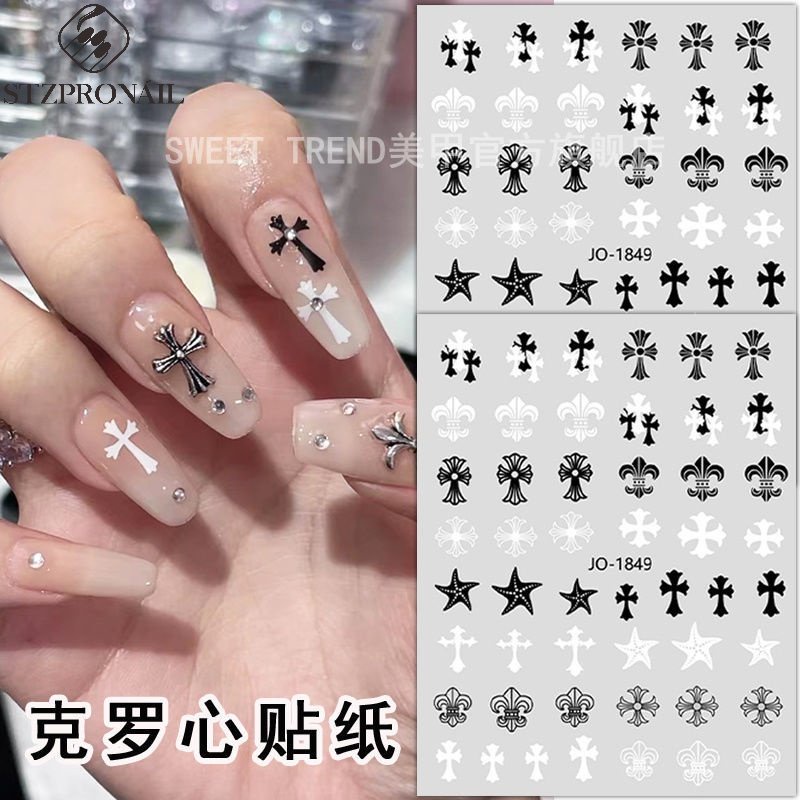 Sticker Dán Móng Tay Họa Tiết Quạ Và Trái Tim Màu Trắng Đen Phong Cách Gothic Đơn Giản