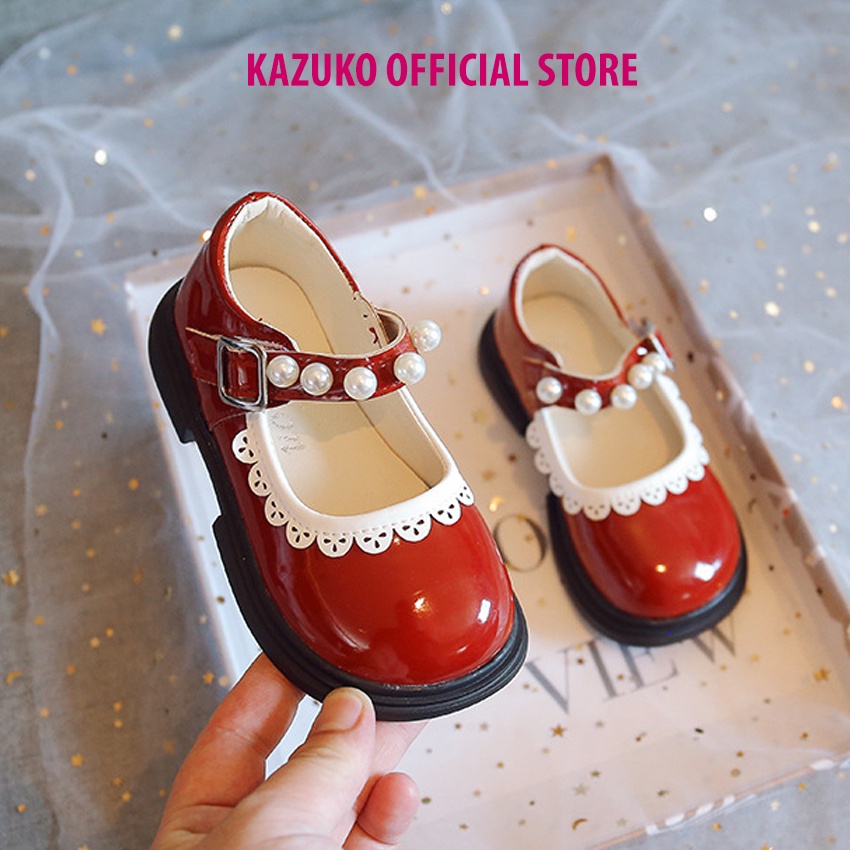 Giày búp bê bé gái, giầy búp bê cho bé gái đế mềm, đính hạt, chât da bóng phối bèo vintage - BB05