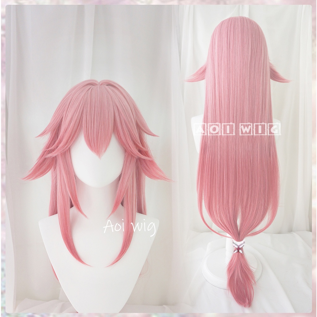 AOI Genshin Impact Yae Miko Cosplay Wig 100cm Long Pink Gradient Hair Heat Resistant Synthetic Wigs