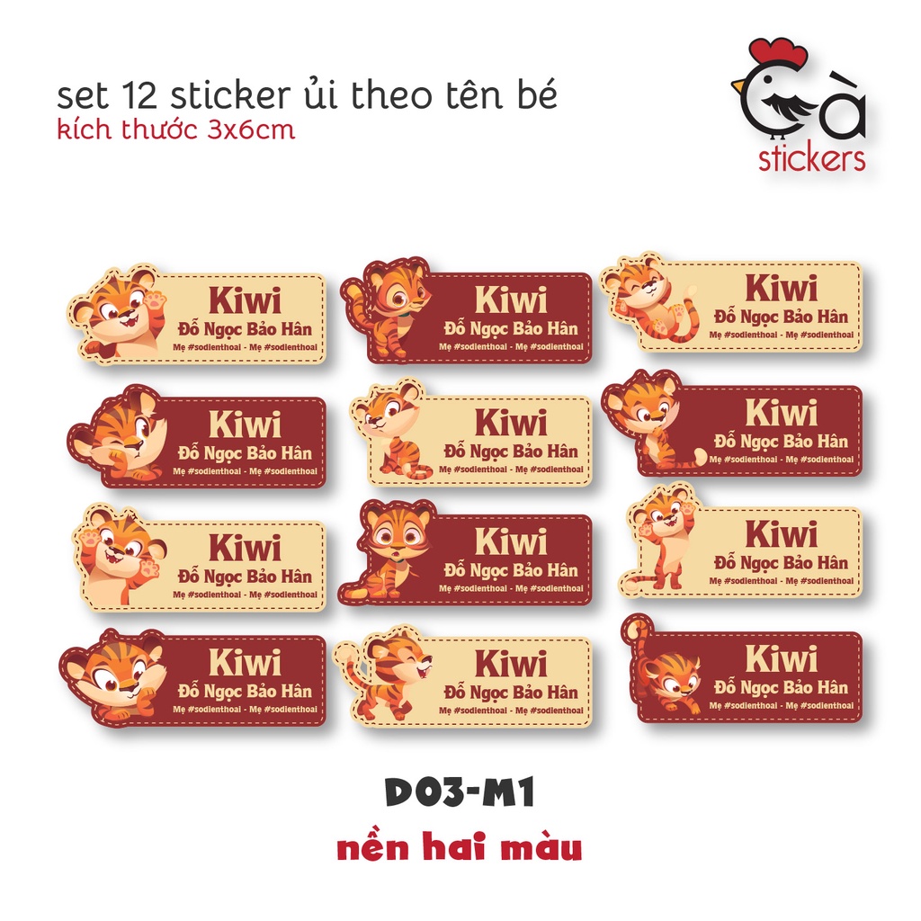 Sticker ủi áo in tên trẻ em GaStickers UT-D03- bộ 12 miếng kích thước 3 x 6 cm