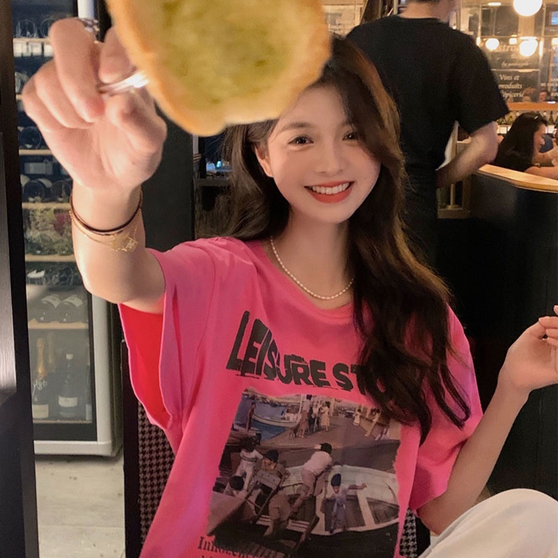 Áo thun XINLANYASHE ngắn tay dáng rộng in họa tiết thời trang Hàn Quốc cho nữ