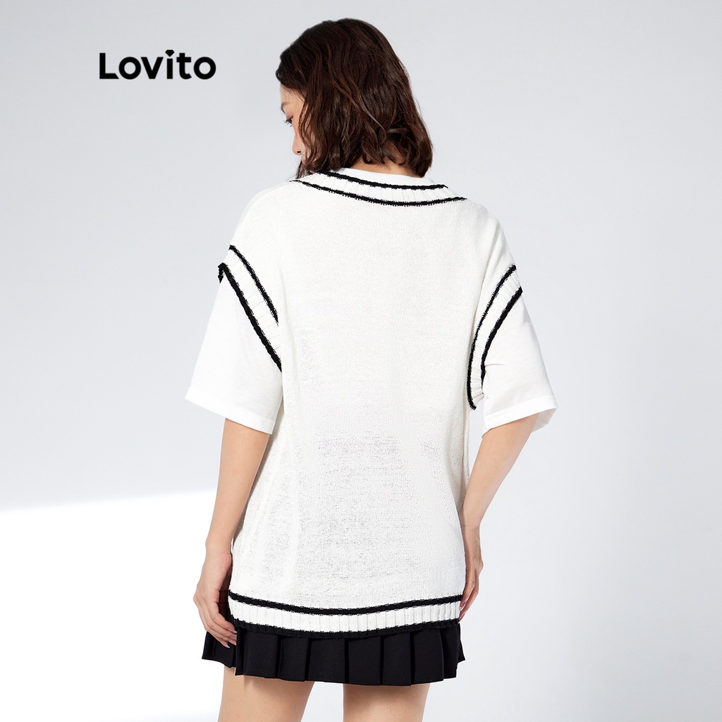 Áo dệt kim LOVITO cổ chữ V oversize màu trơn phong cách thường ngày cho nữ