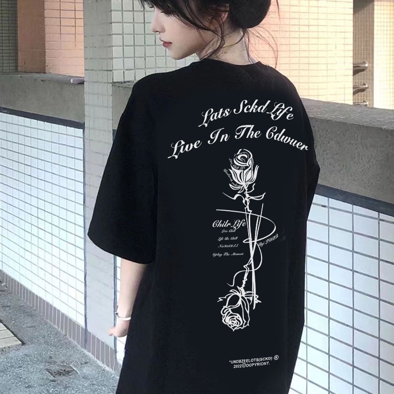 Áo thun COZOKC tay ngắn dáng rộng in hình hoa hồng thời trang