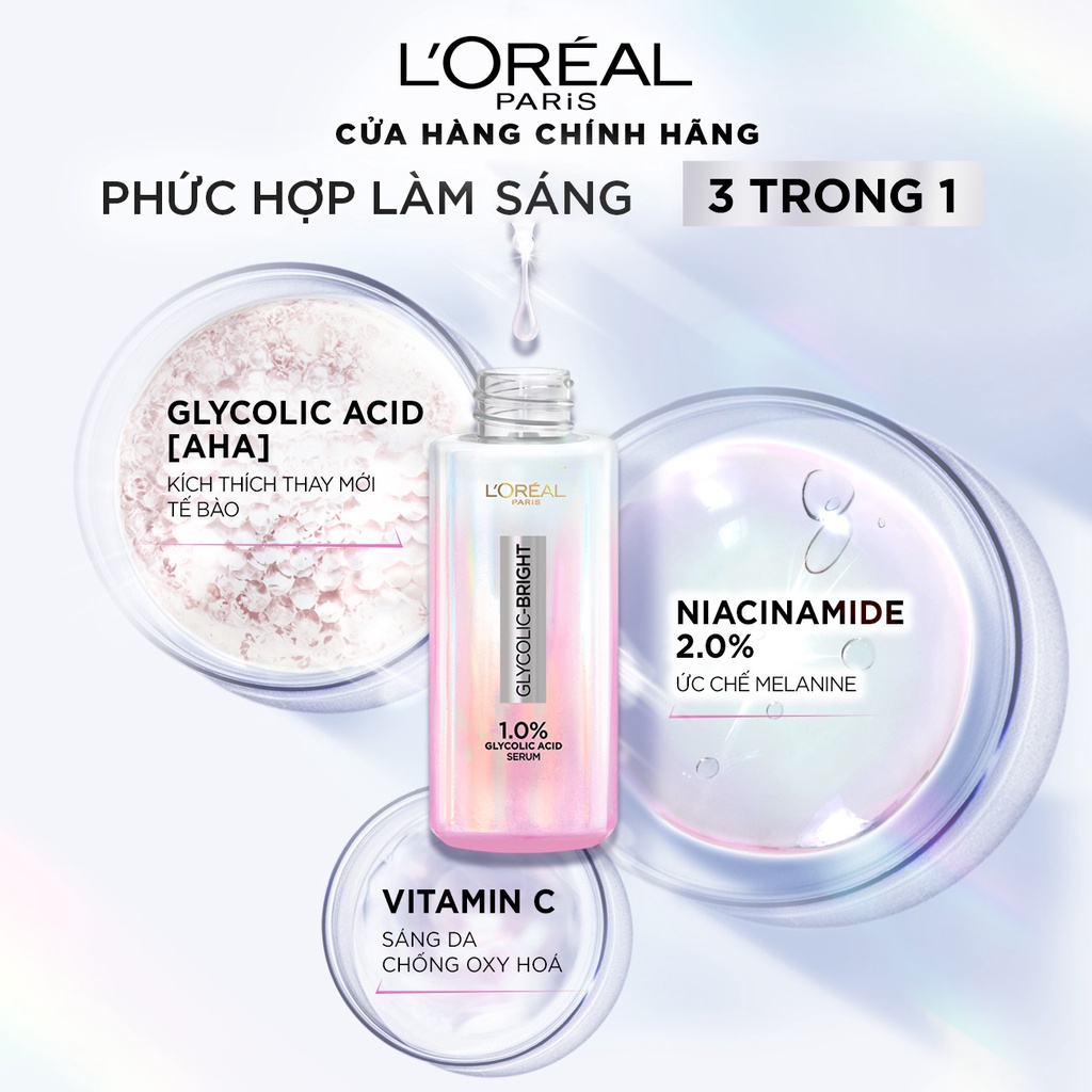 Serum dưỡng sáng mờ thâm nám L'Oreal Paris Glycolic Bright 1.0% Glycolic Acid (AHA) 30ml