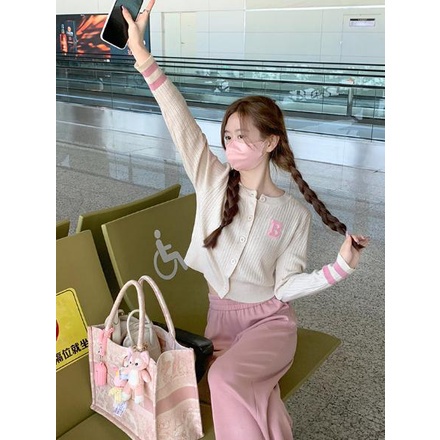 LANJIEXI Áo cardigan Dệt Kim Mỏng Tay Dài Thêu Chữ Màu Sắc Tương Phản Phong Cách Hàn Quốc Cho Nữ