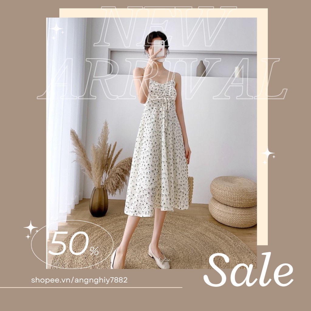 Set đầm 2 dây maxi hoa nhỏ dây rút xinh xắn freesize dự tiệc dạo phố dễ thương m&n