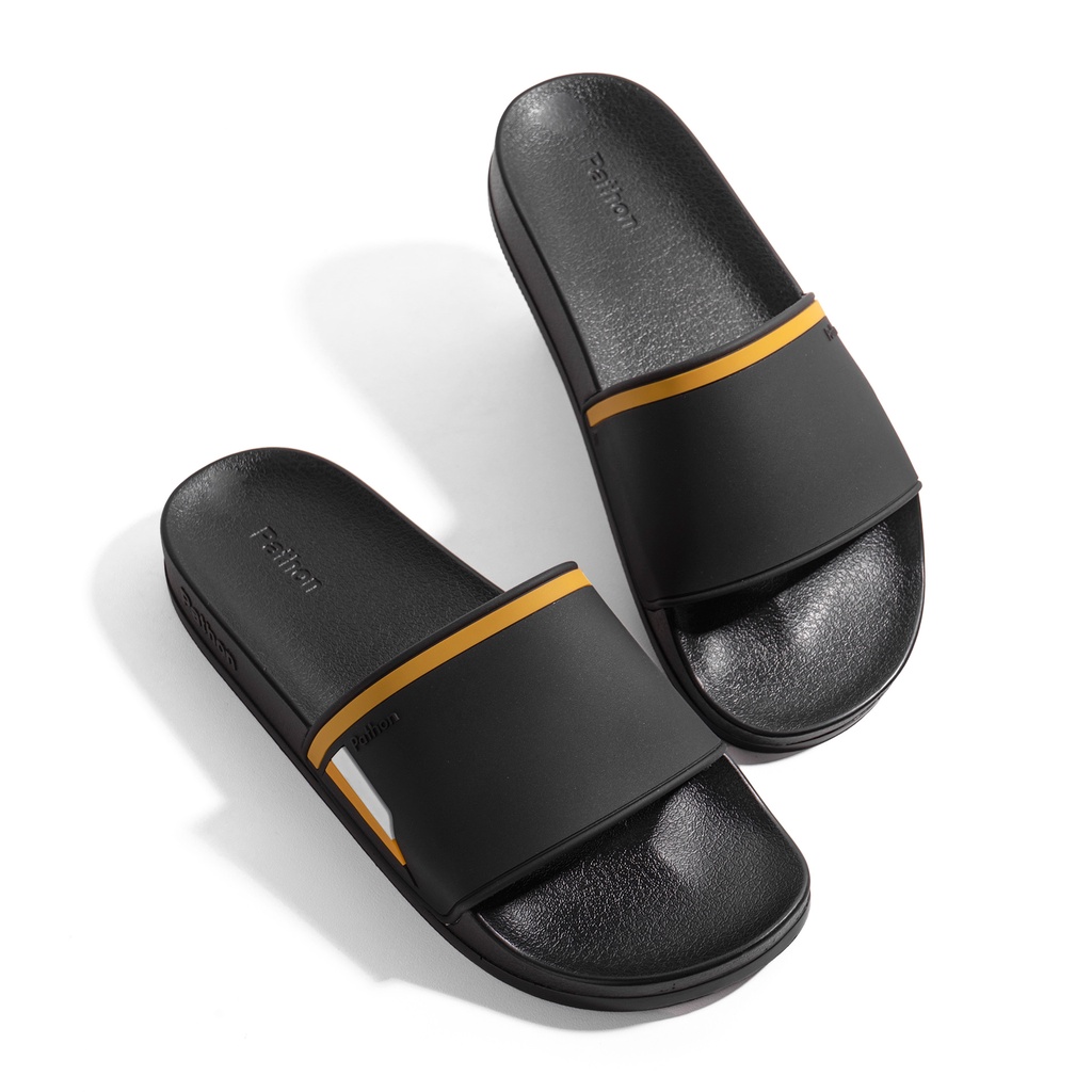 Dép nam nữ quai ngang slipper Pathon quai PVC và đế PU đen quai đen phối kẻ vàng trắng SD118