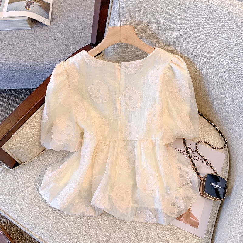 Áo Sơ Mi Chiffon Cổ Vuông Tay Ngắn Thêu Họa Tiết Phong Cách Thời Trang Mùa Hè Pháp Kiểu Mới