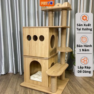 Nhà cây cho mèo PETTO nhà mèo 2 tầng bằng GỖ thiết kế hiện đại, chắc chắn dành cho nhà nhiều mèo CH026