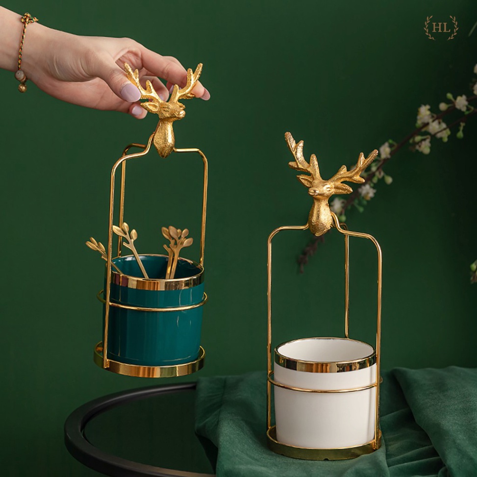 Lẵng sứ Hoàng Kim viền vàng kèm khung hợp kim đầu hươu mạ vàng | Hũ sứ viền vàng đựng thìa nĩa Decor | Lẵng Hươu , gia d