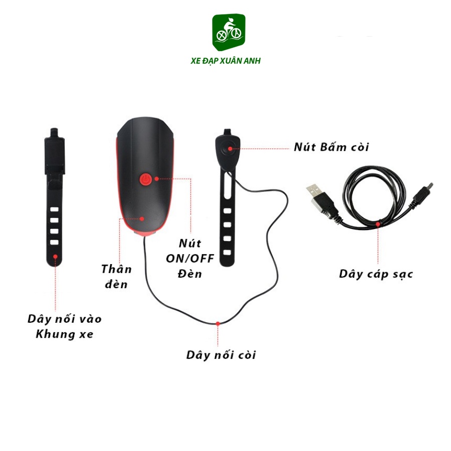 Đèn xe đạp thể thao có còi chống nước sạc USB