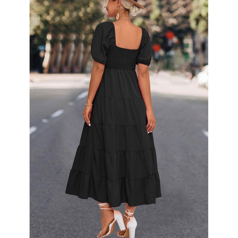 Đầm Dáng Dài Cổ Vuông Tay Ngắn Phồng Màu Sắc Đơn Giản Cho Nữ