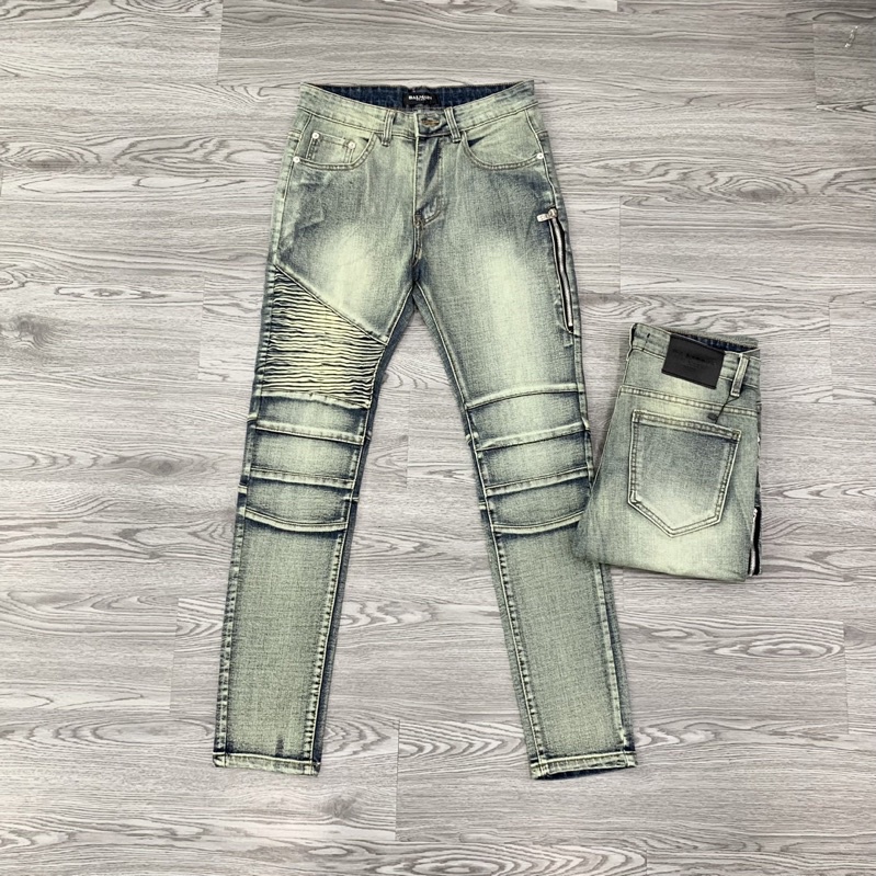 Quần Jean Xanh Nam Phối Đùi Vải Nhăn Khoá Zip