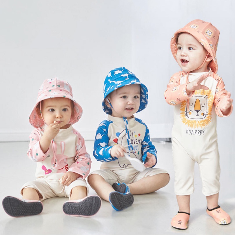 (Hàng QCCC) Bộ bơi bikini cho bé liền thân dài tay 3 chi tiết kèm mũ 1-5 tuổi cho bé trai bé gái đáng yêu