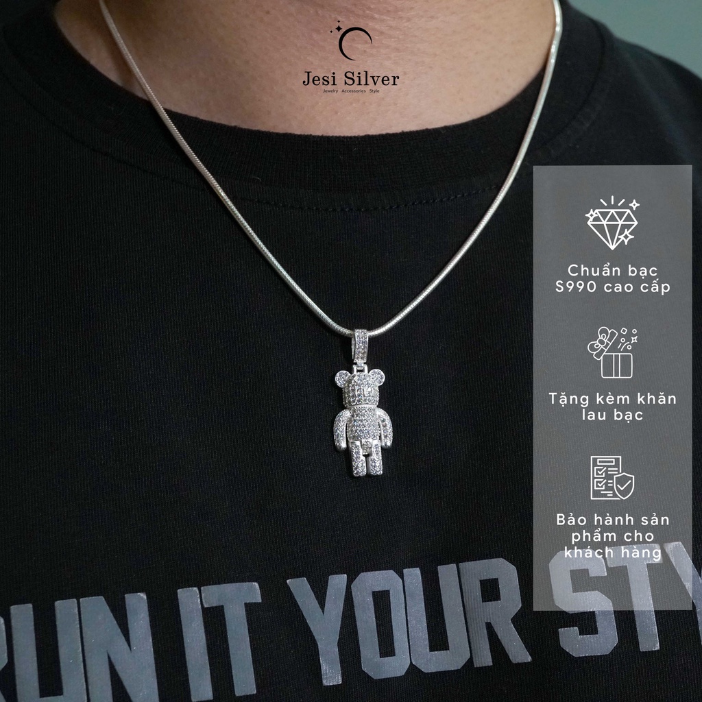 Dây chuyền bạc nguyên chất Gấu Bearbrick đính đá Jesi Silver cao cấp