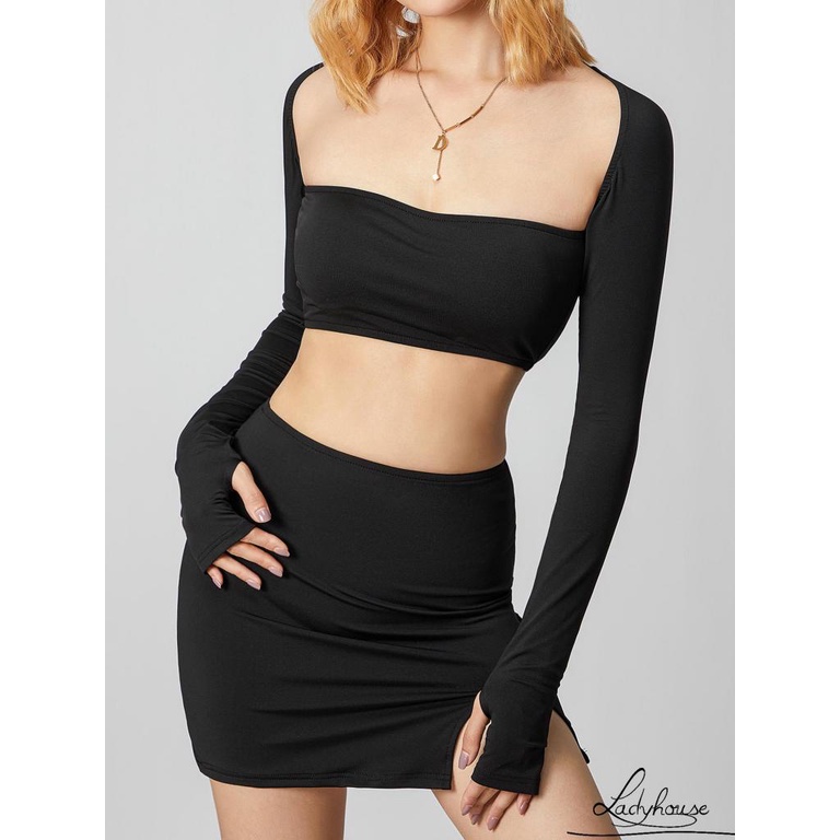 Bộ Áo Croptop Tay Dài Hở Lưng Màu Trơn Và Chân Váy Ngắn Xẻ Tà Gợi Cảm Dành Cho Bạn Nữ