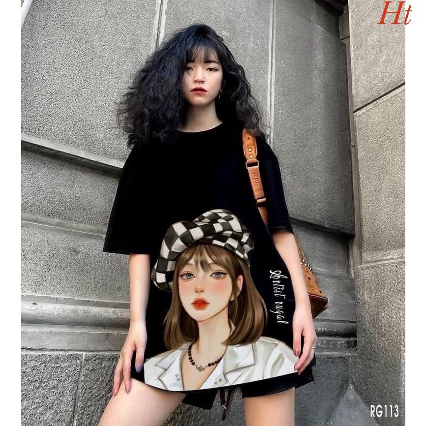 💕𝙁𝙀𝙍𝙍𝙎𝙃𝙄𝙋💕Áo thun - Áo phông quảng châu from rộng in hình cô gái tóc ngắn đội mũ siêu hót trẻ trung , Linh unisex