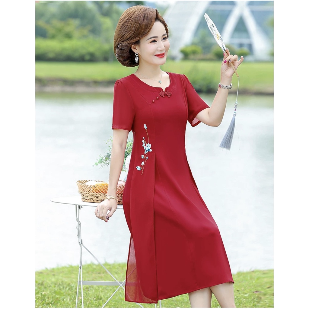 Đầm voan tơ thanh lịch duyên dáng xuân hè sully cho nữ trung niên U60 U70, thời trang trung niên DTN