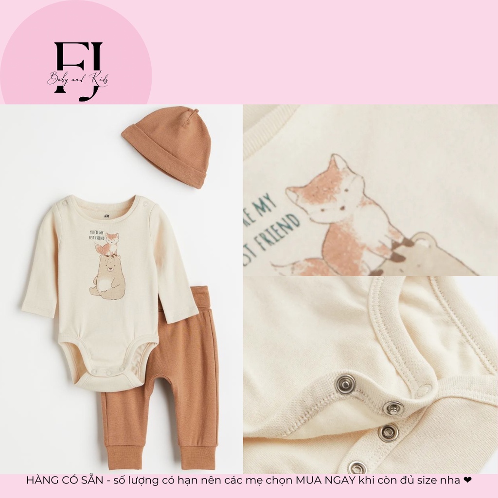 Bộ quần áo body trẻ em chính hãng HM, Bộ body bé trai body gấu nâu kèm mũ, hàng hiệu cho bé