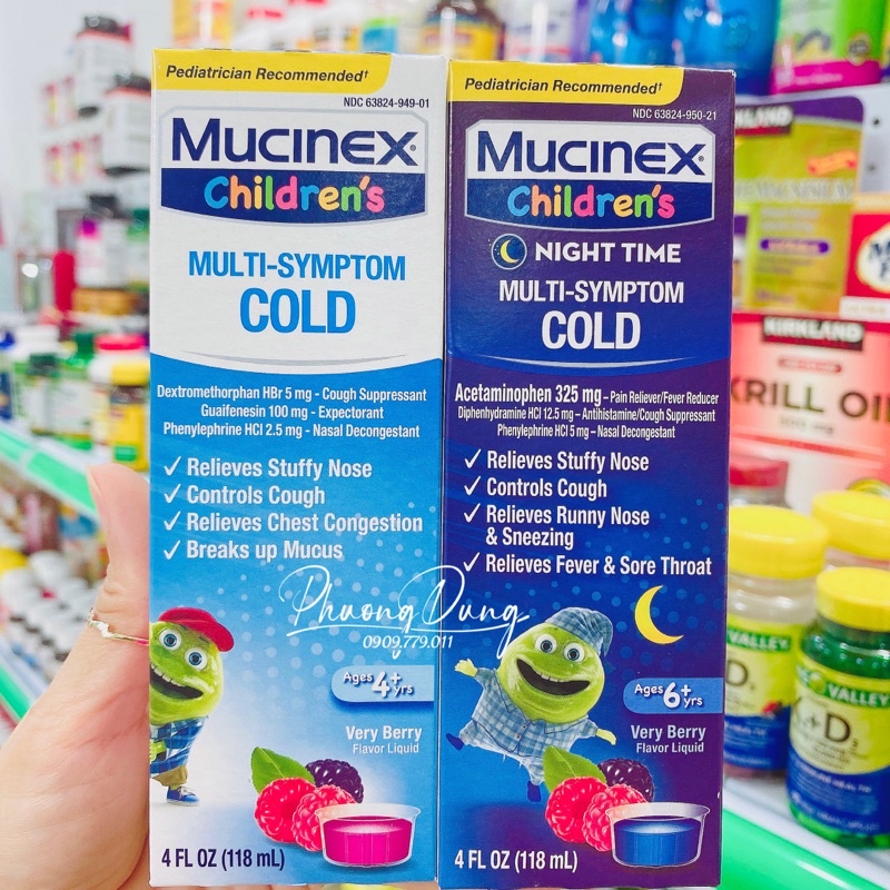 LẺ 1 CHAI siro ho cam trẻ Mucinex Children's Multi Symptom Day Night Cold Flu ngày/đêm