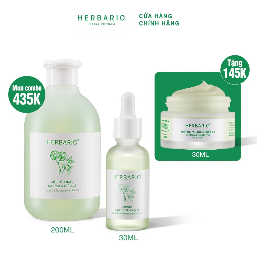 Bộ 3 chăm sóc da mụn cơ bản Rau má &amp; Diếp cá Herbario: Sữa rửa mặt 200ml + Serum 30ml + Mặt nạ 30ml