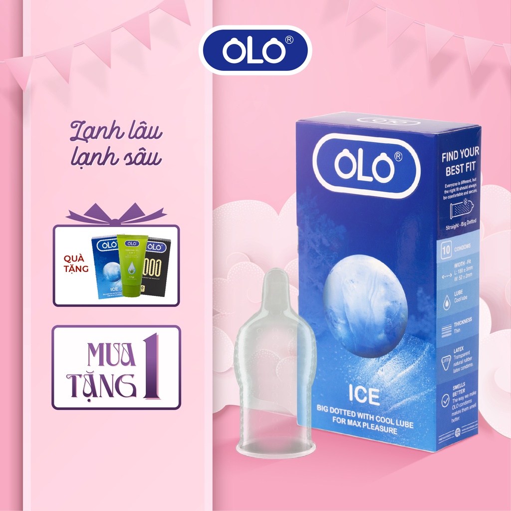 Bao cao su OLO Ice hộp 10 cái - size 52 mm, bạc hà mát lạnh, gai lớn, kéo dài thời gian tự nhiên, cao cấp