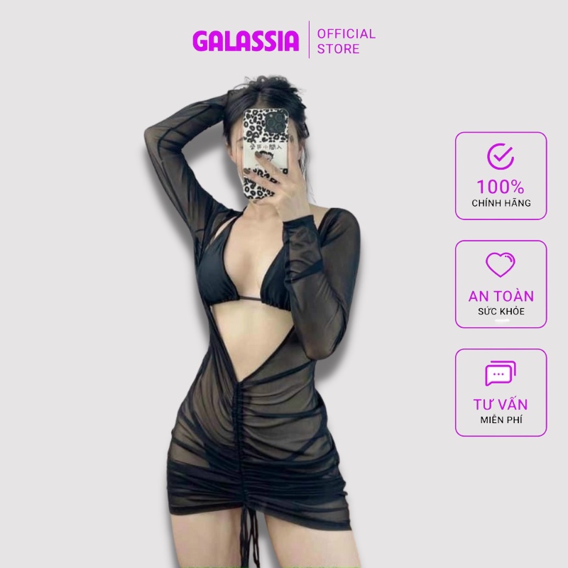 Set bikini 3 mảnh đồ bơi nữ kín đáo sóng loang dài tay liền váy rút dây sexy Galassia