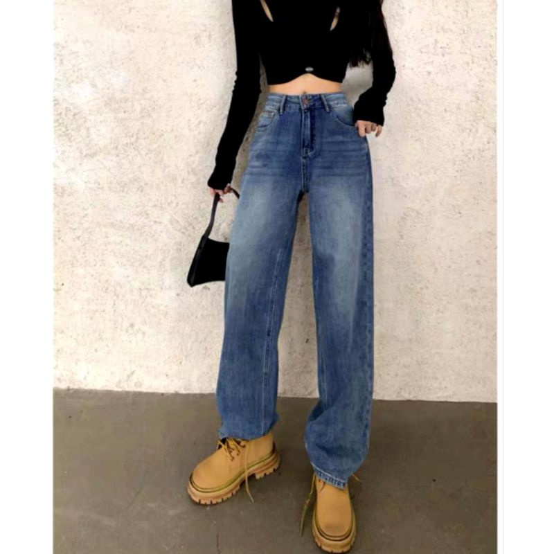 Quần jean nữ ống rộng lưng cao,Quần bò nữ ống rộng cạp cao màu xanh dáng suông anhphuong9517
