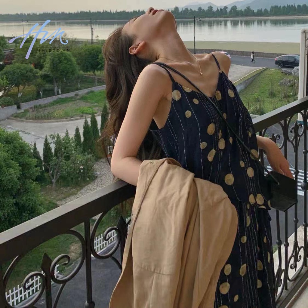 Đầm Hai Dây Cổ Chữ V Lưng Cao Dáng Ôm In Họa Tiết Thời Trang Pháp Cổ Điển Cho Nữ