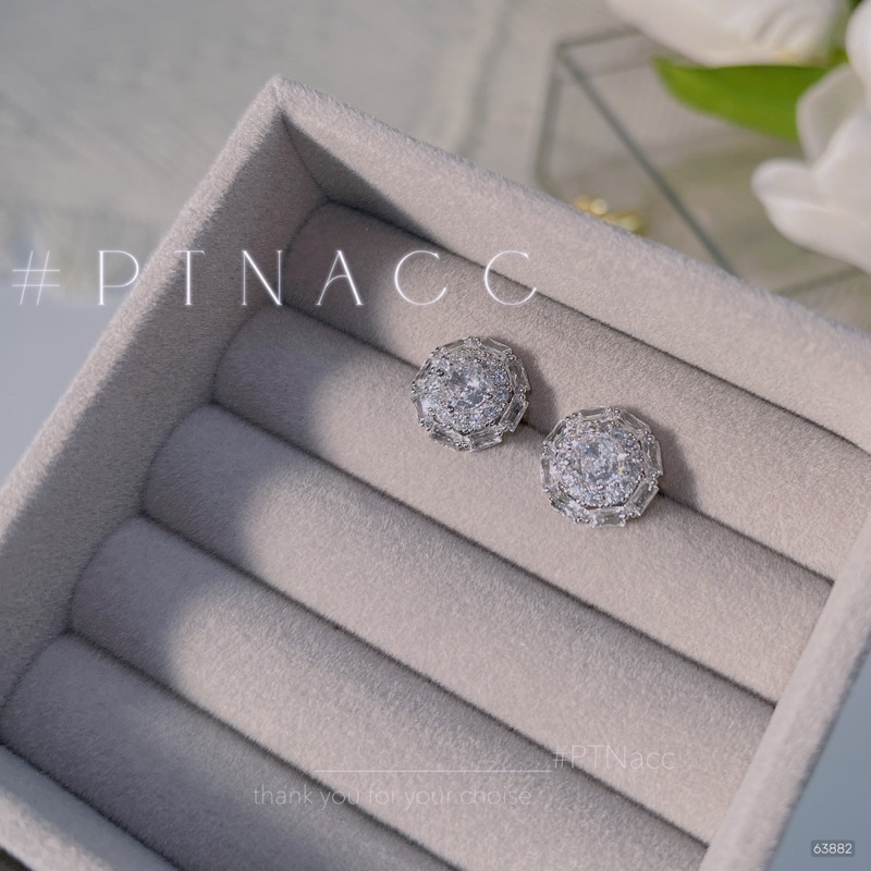 Bông tai, khuyên tai xi bạc kim đính đá paguet dáng tròn siêu sáng .PTNACC.