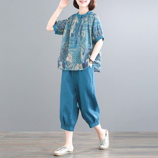 Set áo thun ngắn tay + quần dài họa tiết thổ cẩm thời trang nữ