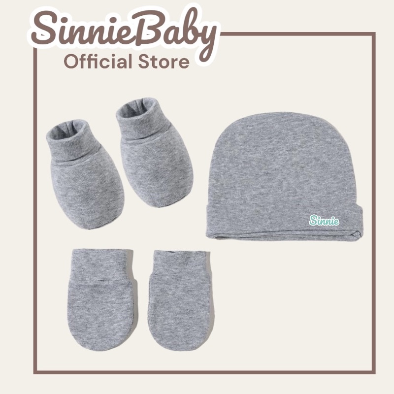 Set nón kèm bao tay bao chân cho bé sơ sinh Sinnie, mũ che thóp, bao tay bao chân vải cotton lụa mềm mát.