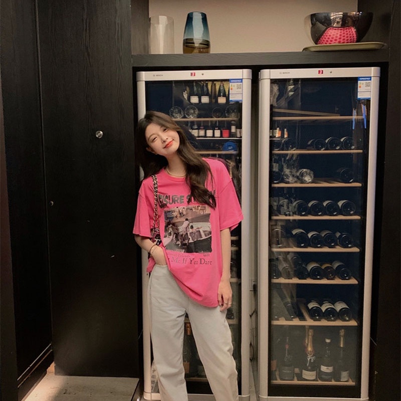 Áo thun XINLANYASHE ngắn tay dáng rộng in họa tiết thời trang Hàn Quốc cho nữ