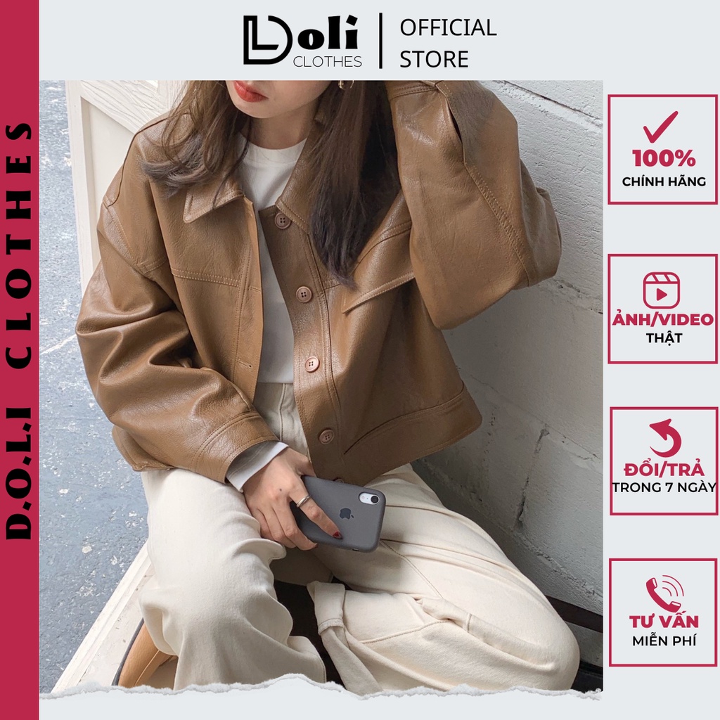 Áo Khoác Bomber Da Cao Cấp PU Màu Nâu Unisex Nam Nữ Vintage - Áo Khoác Da Croptop K093 - DOLI Clothes
