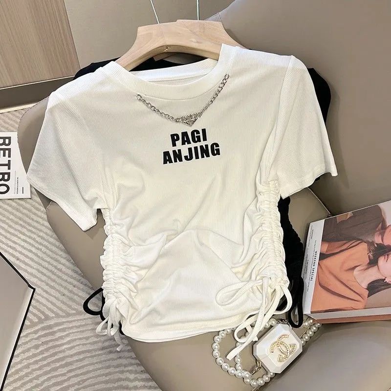Áo Thun Tay Ngắn Cổ Tròn In Chữ Phối Dây Rút Thời Trang Mùa Hè Cho Nữ