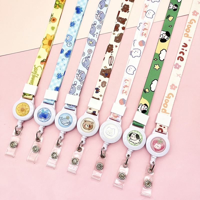 Dây đeo thẻ bằng vải họa tiết họa hình gấu thỏ cute có nút rút kéo dãn