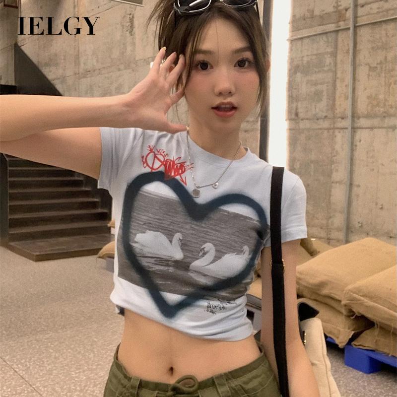 IELGY   Áo Thun Nữ Ngắn Tay In Hình Trái Tim