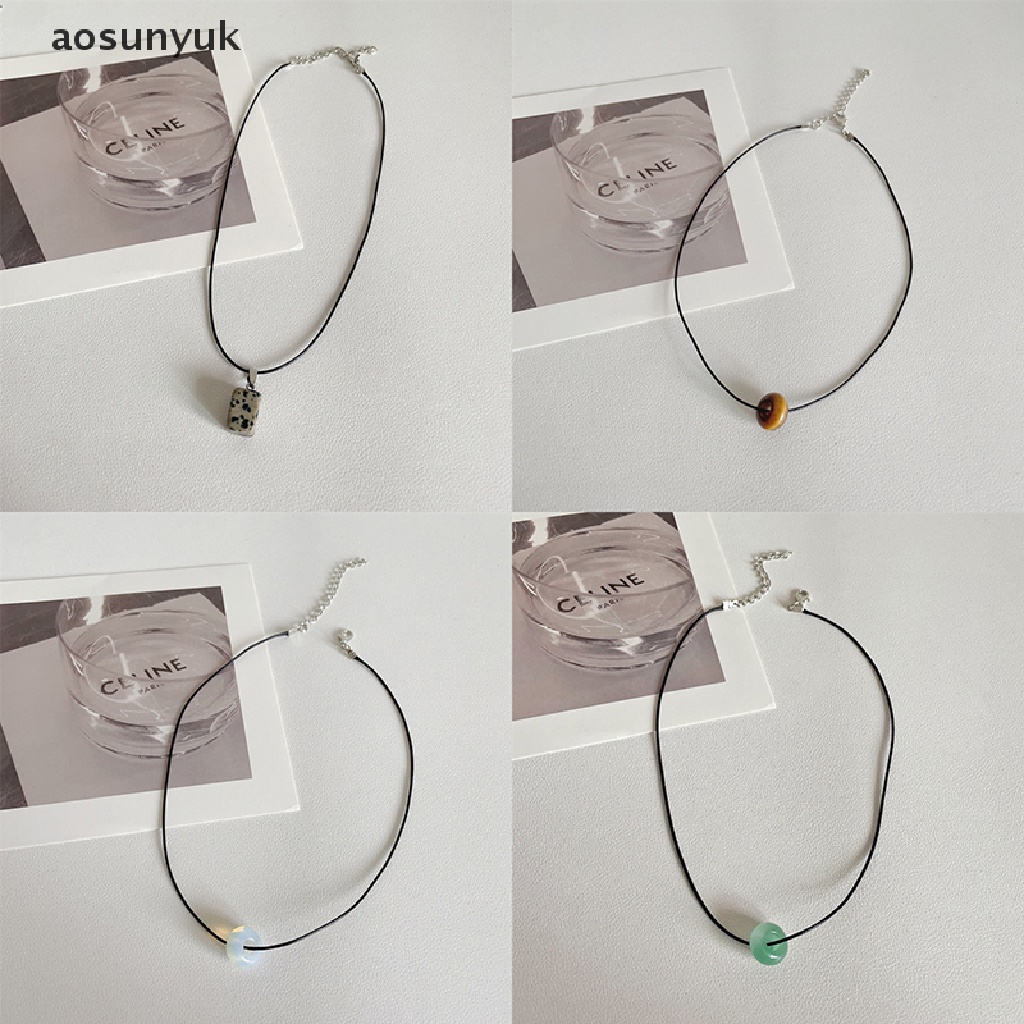 Aosunyuk Vòng Cổ Dây Đen Mặt Đá Vuông Quả Đào Phong Cách Vintage Đơn Giản Cho Nam Và Nữ En
