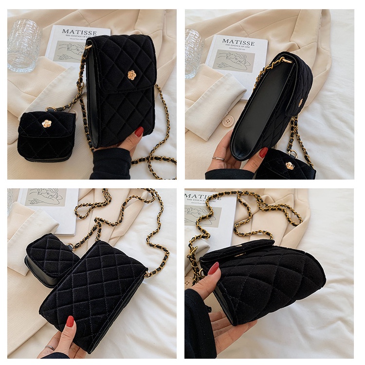 Túi Đeo Chéo Đựng Điện Thoại Bằng Nhung Họa Tiết Kẻ Ô Kim Cương Phối Dây Xích Thời Trang Năm 2023