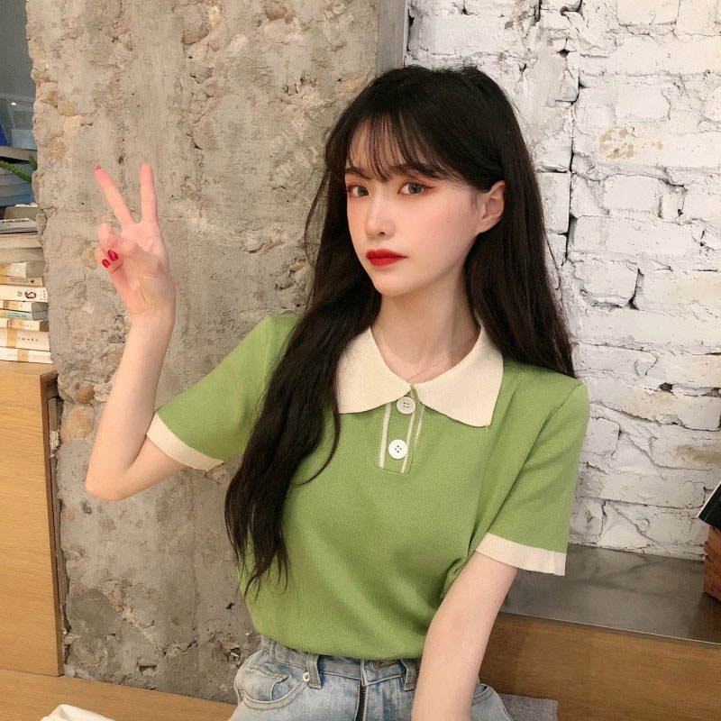 Áo Thun POLO Tay Ngắn Dáng Rộng Màu Sắc Đơn Giản Phong Cách Hàn Quốc