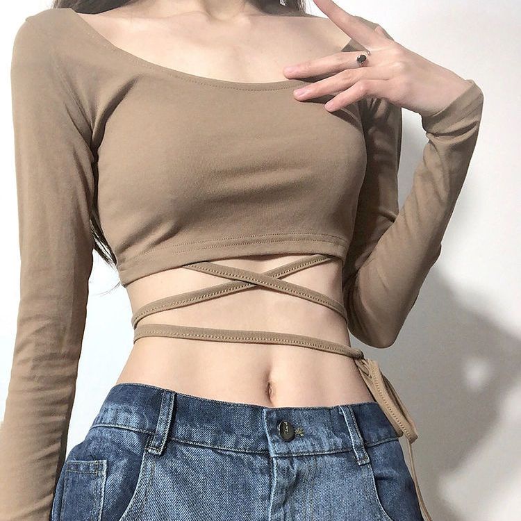 Áo Thun Thể Thao Tay Dài Dáng Ngắn Ôm Sát Buộc Dây Quyến Rũ Thời Trang Xuân Hè Cho Nữ 30214