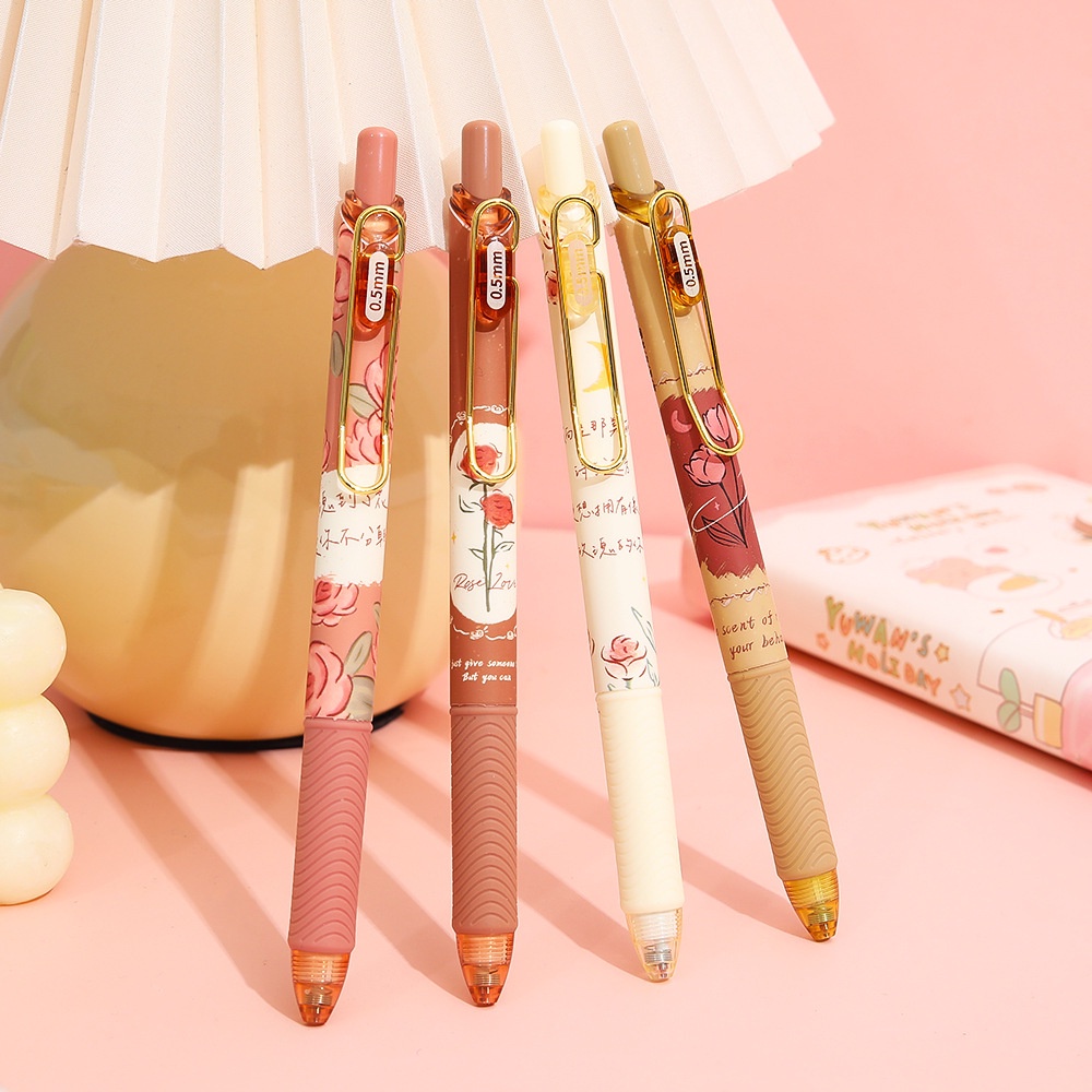 Bút ge vintage B73  mực đen Hoa hồng Rose bút viết nét 0.5mm, viết dễ bâm thương cài kim loại