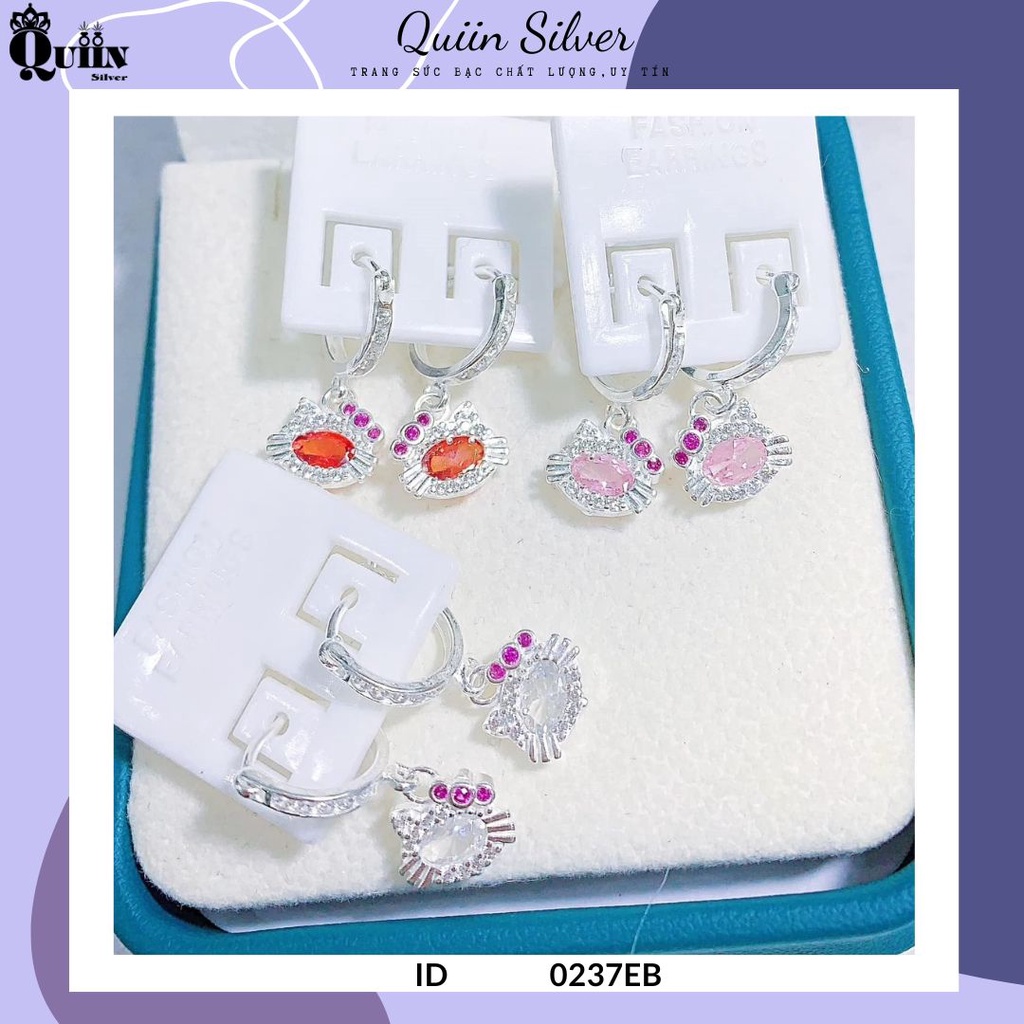 Bông tai/Khuyên tai bạc ta, bạc S925 Quiin - Hình Hello Kitty đá màu dành cho bé gái 0237EB